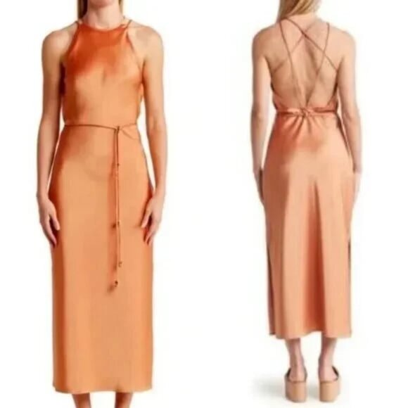 NWT NANUSHKA Narita Apricot Satin Maxi Sheath Dress Sleeveless M MSRP $665